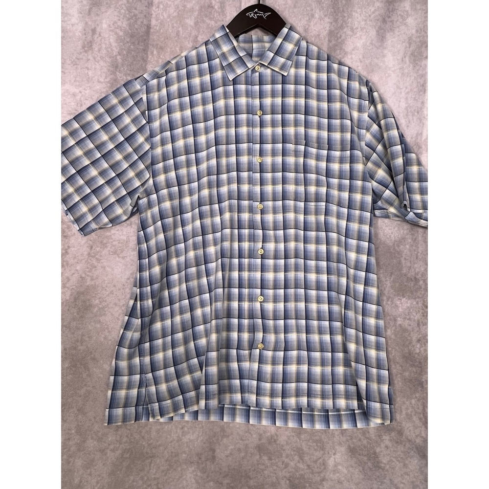 Tommy Bahama Silk Plaid Button Down Shirt Mens Large Blue Yellow Excellent - Picture 2 of 8